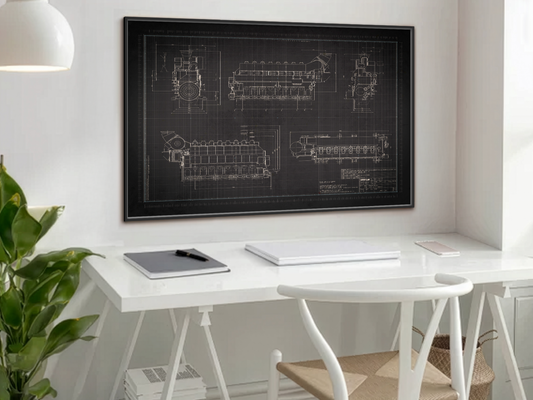 Inline 8 Engine Drawing, Framed Wall Art on Canvas