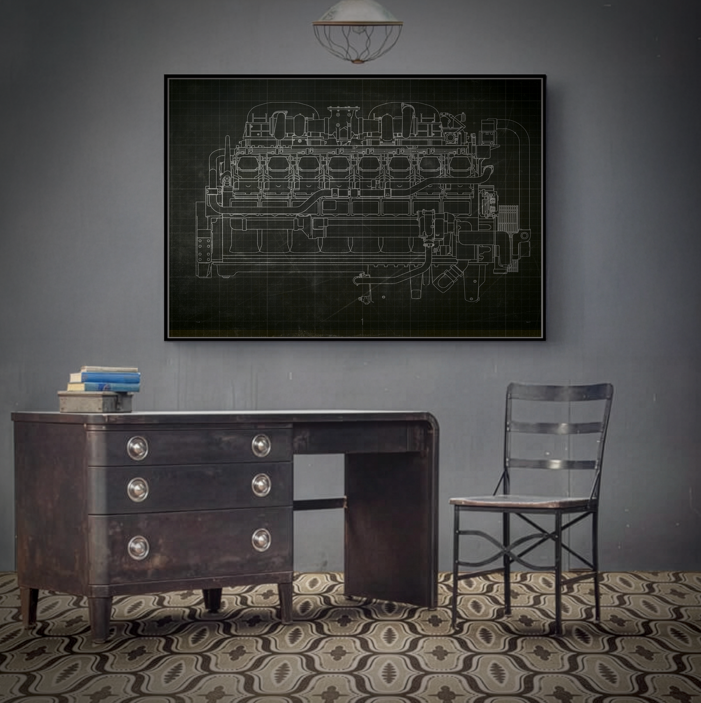 Engine Side View Schematic Drawing Framed Wall Art on Matte Canvas