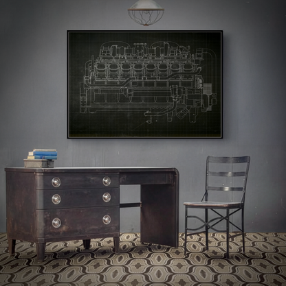 Engine Side View Schematic Drawing Framed Wall Art on Matte Canvas