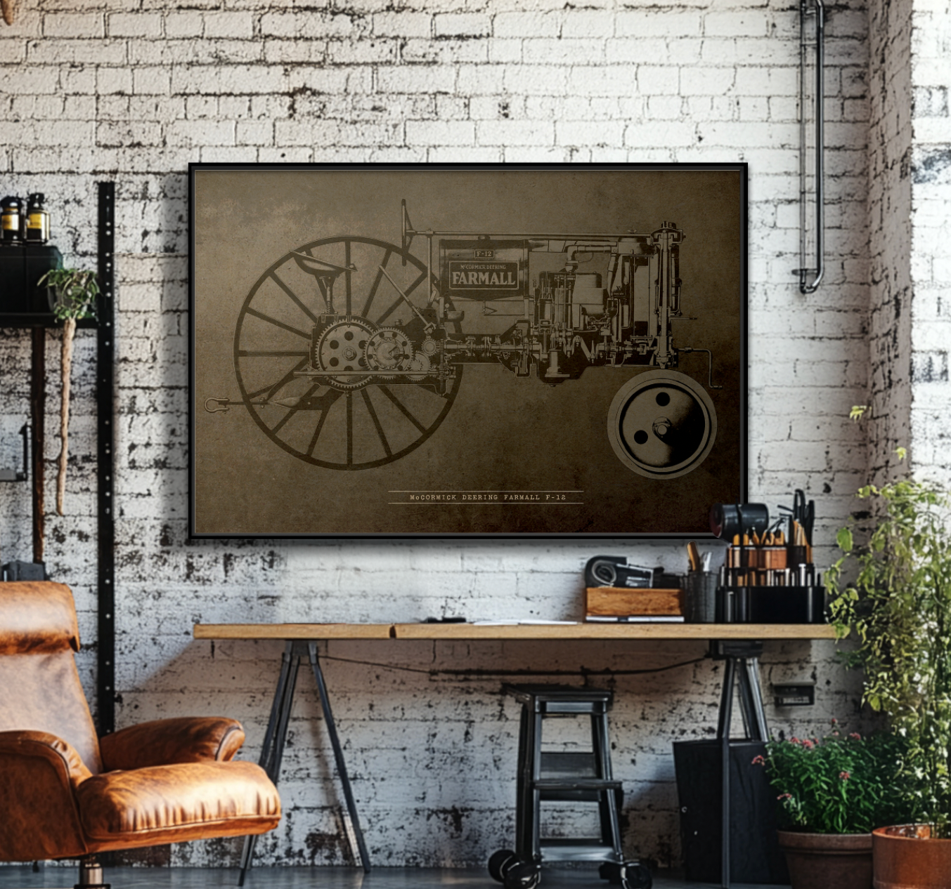 Vintage Farmall F-12 Mechanical Drawing | Framed Wall Art on Canvas