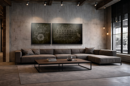Engine Side View Schematic Drawing Framed Wall Art on Matte Canvas
