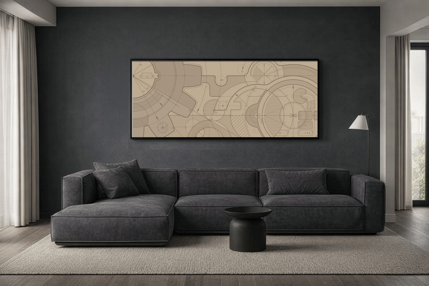 Geometric Gear Blueprint Drawing Art on Framed Canvas