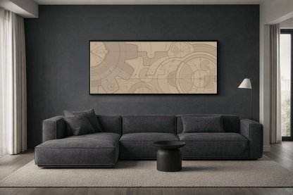 Geometric Gear Blueprint Drawing Art on Framed Canvas