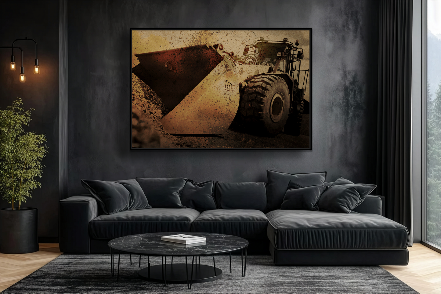 Front Loader Bucket Action | Gold |  Framed Wall art on Stretched Canvas