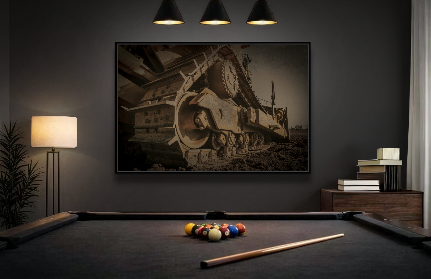 D8 Dramatic Dozer Track | Dark Gray |  Framed Wall art on Stretched Canvas