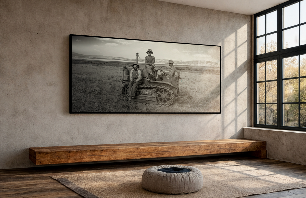 Three Men and a Tractor | Vintage Crawler in Field | Framed Wall Art on Canvas