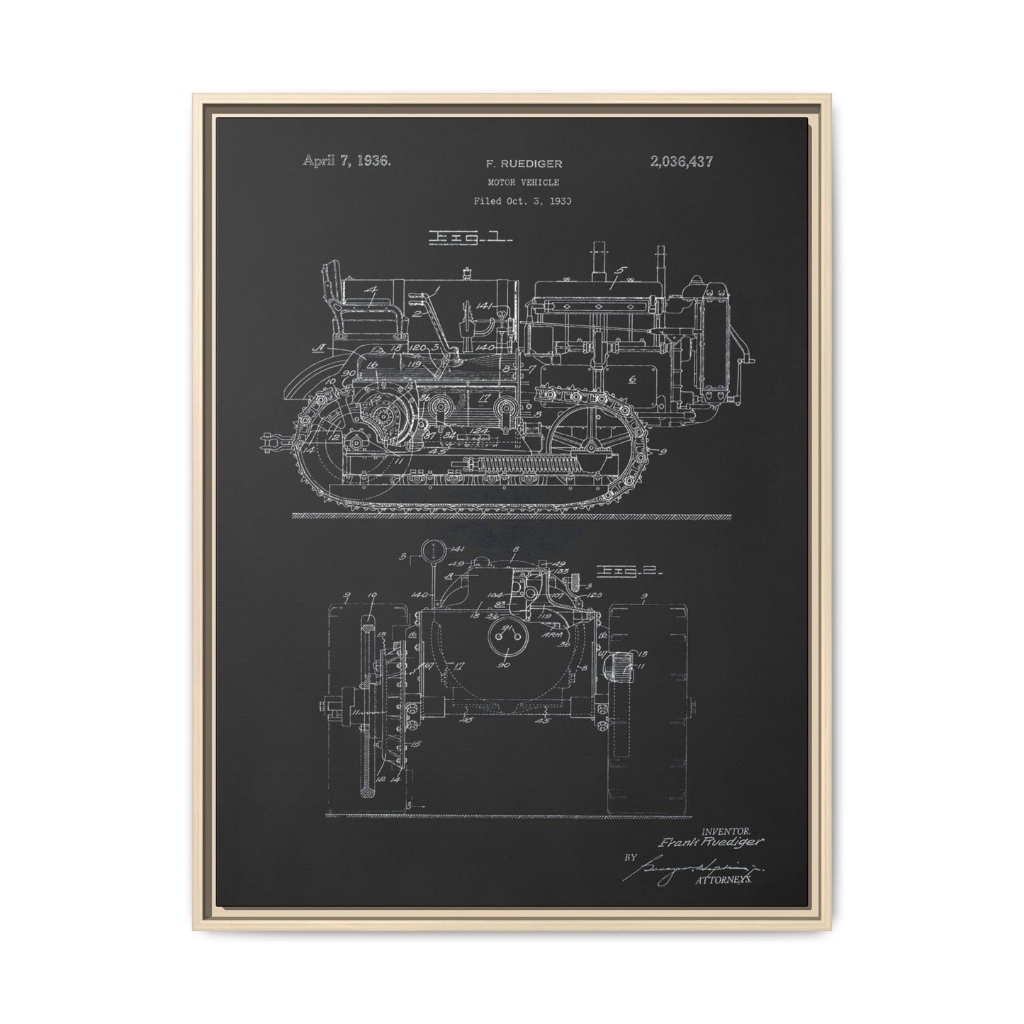 Vintage Dozer Rudiger Patent Drawing, Framed Wall Art on Canvas
