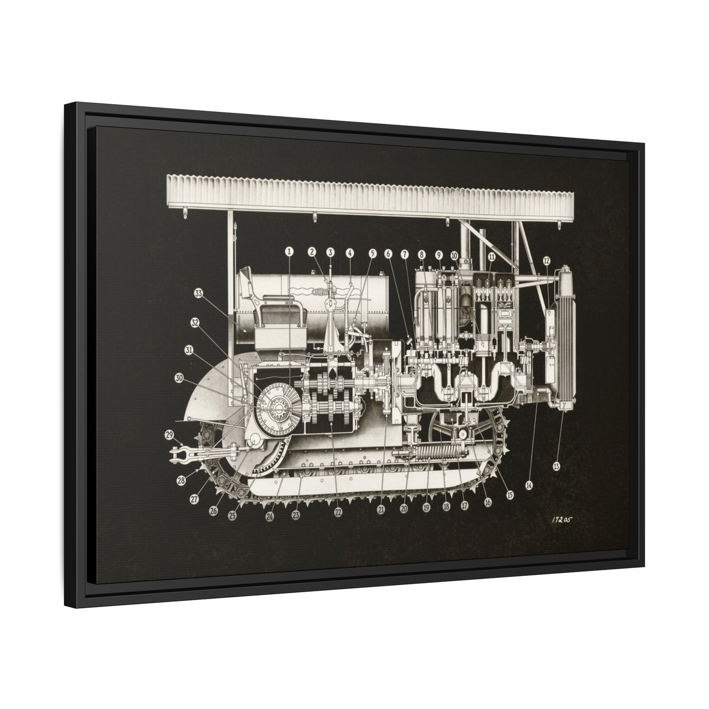 Vintage Engine Crawler Cutaway Engineering Drawing on Matte Canvas Framed | Industrial Wall Art