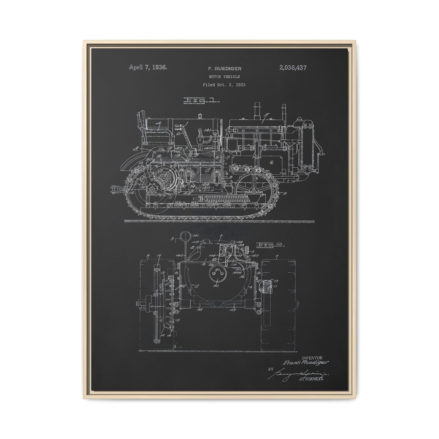 Vintage Dozer Rudiger Patent Drawing, Framed Wall Art on Canvas