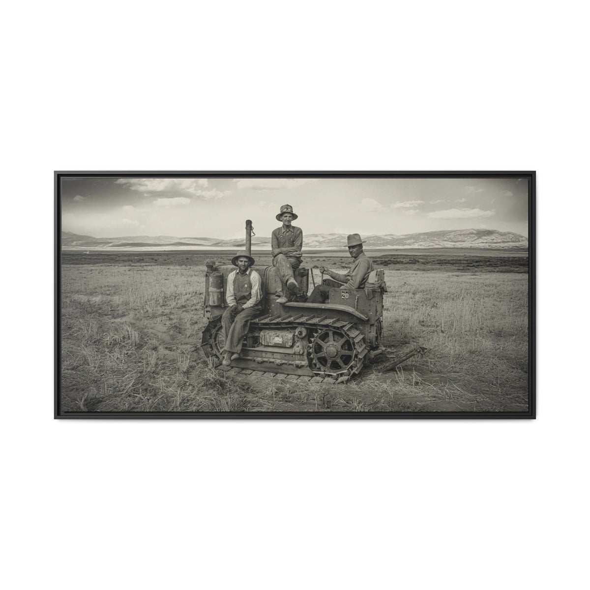 Three Men and a Tractor | Vintage Crawler in Field | Framed Wall Art on Canvas