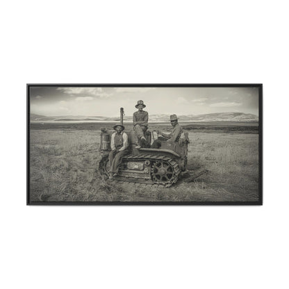 Three Men and a Tractor | Vintage Crawler in Field | Framed Wall Art on Canvas
