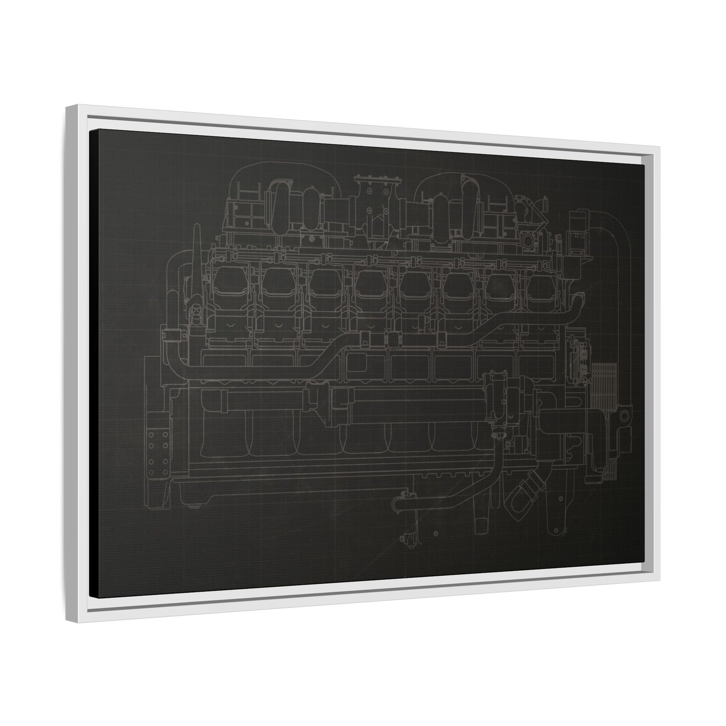 Engine Side View Schematic Drawing Framed Wall Art on Matte Canvas