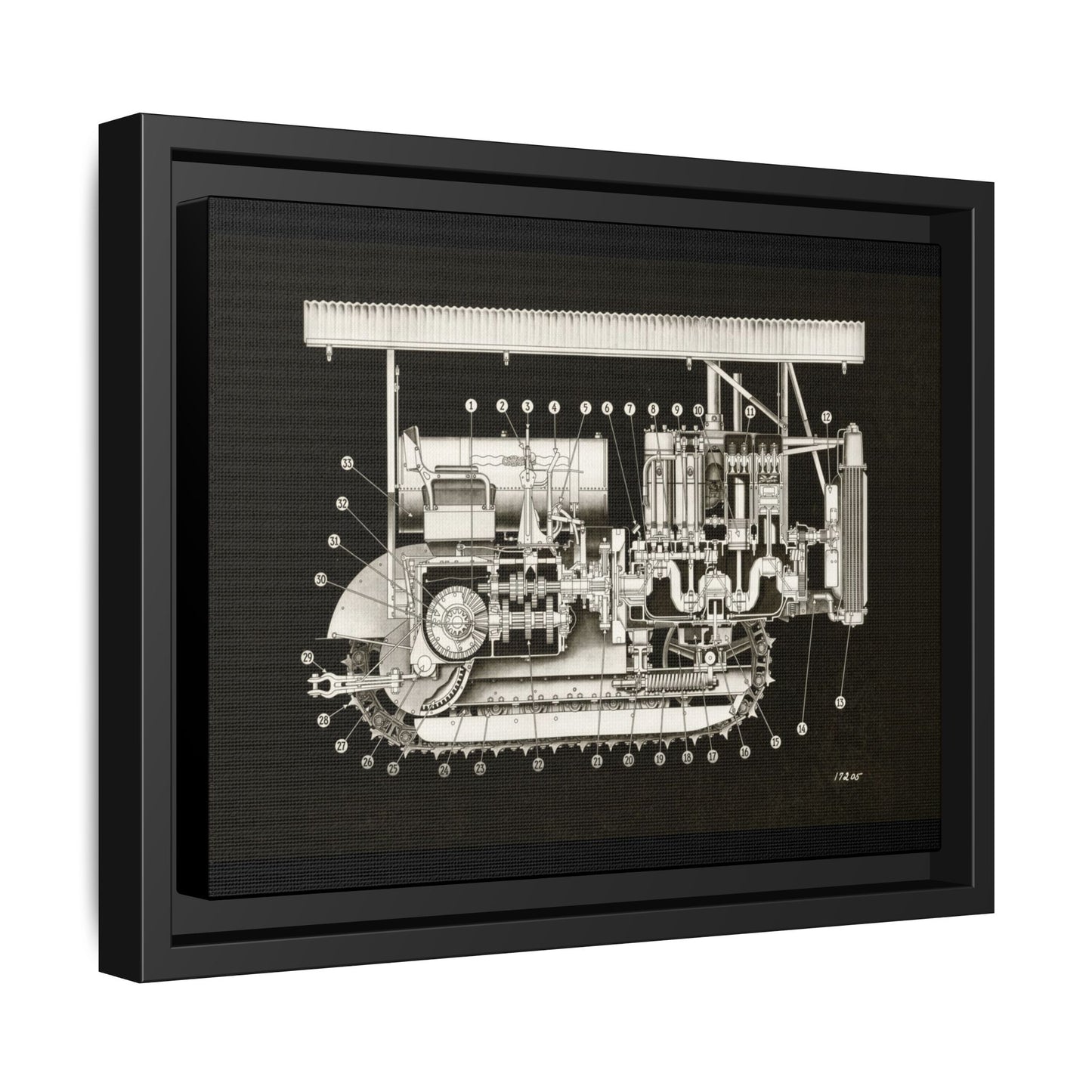 Vintage Engine Crawler Cutaway Engineering Drawing on Matte Canvas Framed | Industrial Wall Art