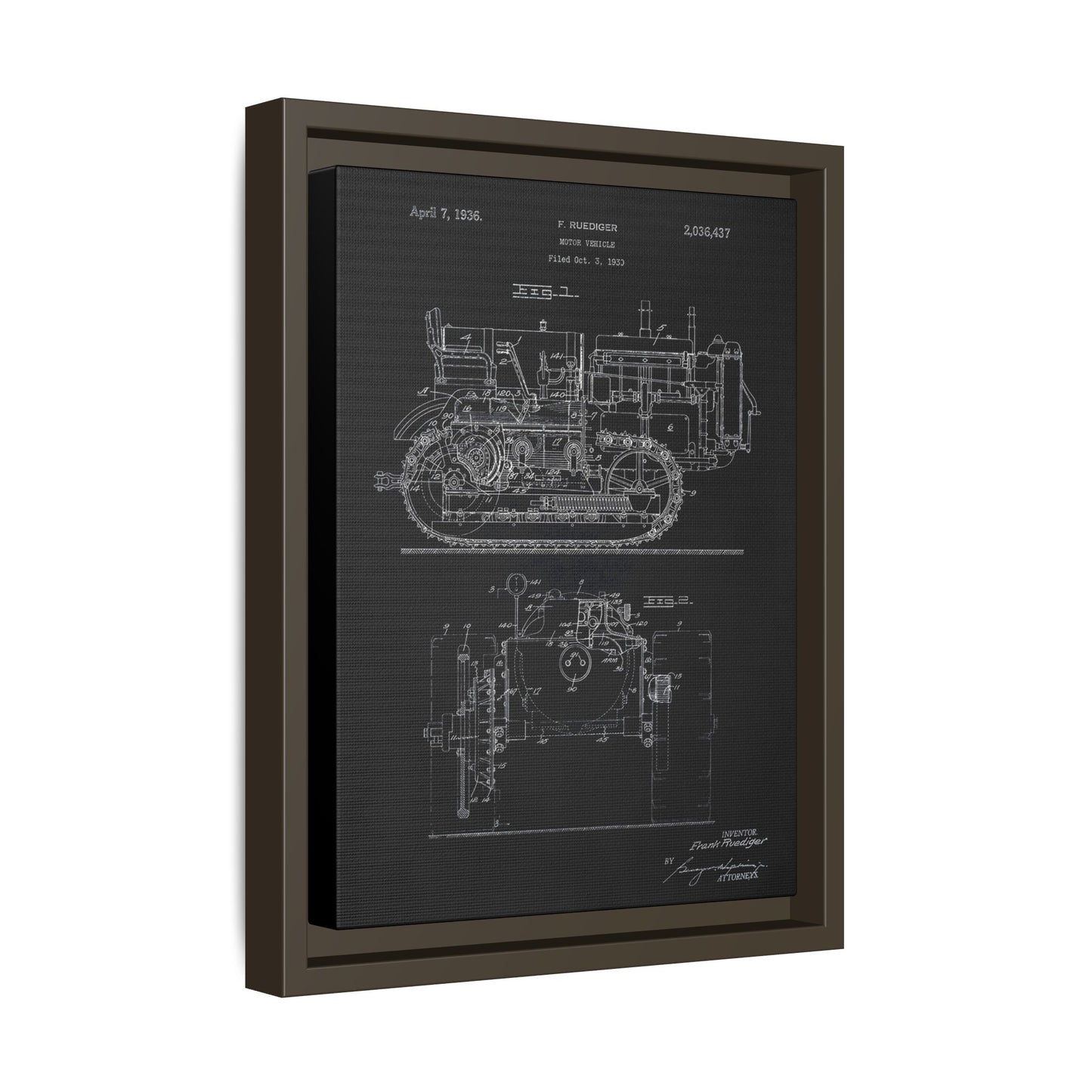 Vintage Dozer Rudiger Patent Drawing, Framed Wall Art on Canvas