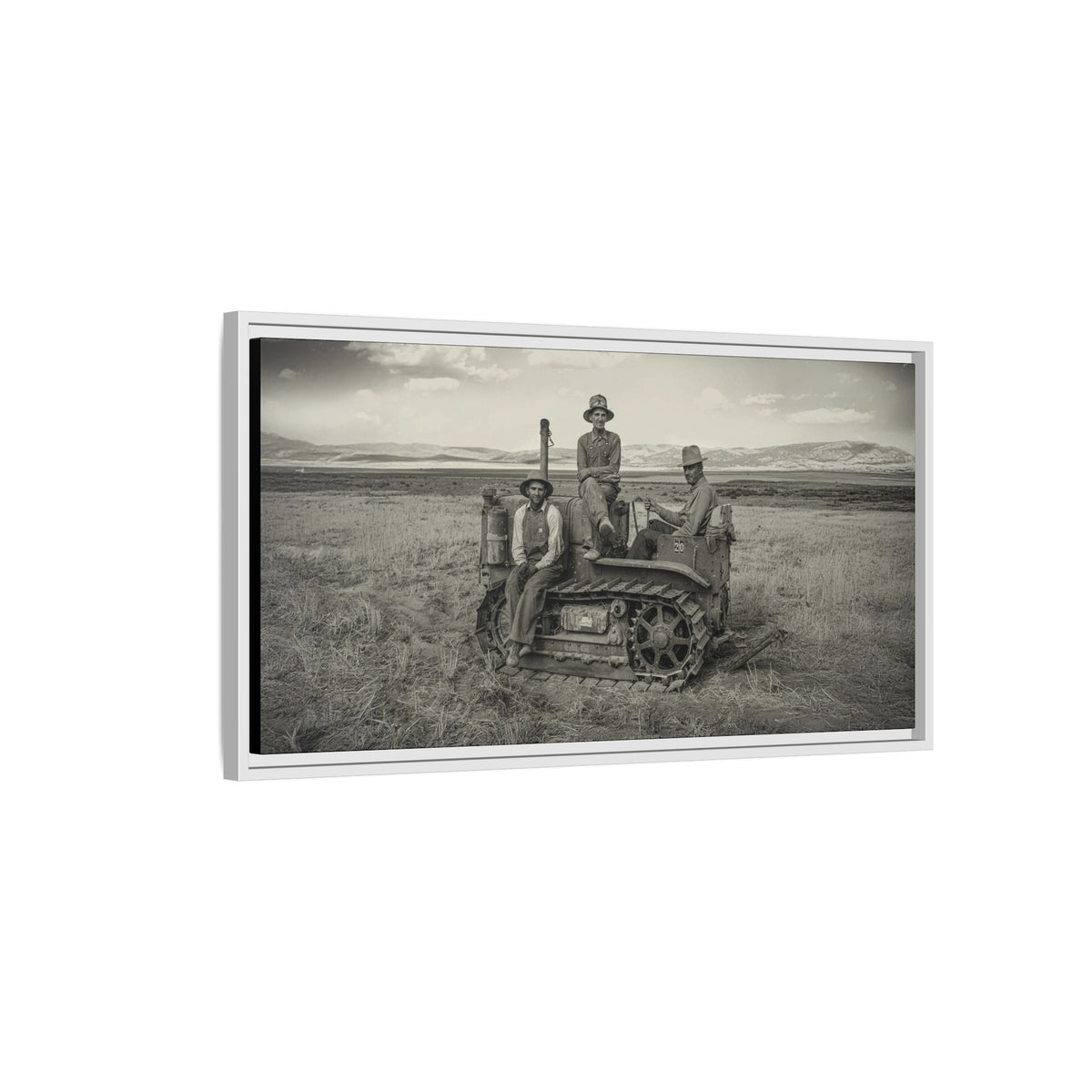 Three Men and a Tractor | Vintage Crawler in Field | Framed Wall Art on Canvas