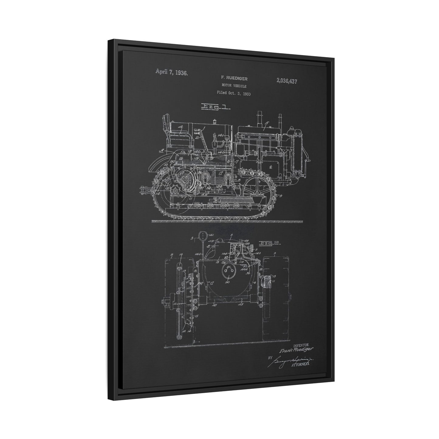 Vintage Dozer Rudiger Patent Drawing, Framed Wall Art on Canvas
