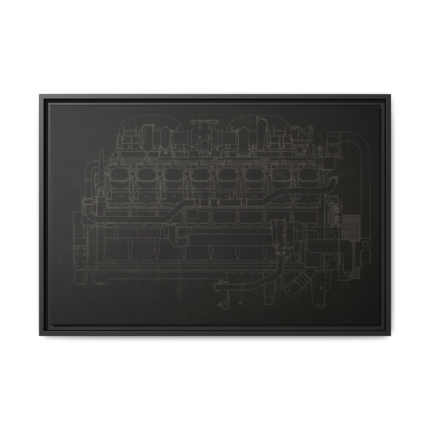Engine Side View Schematic Drawing Framed Wall Art on Matte Canvas