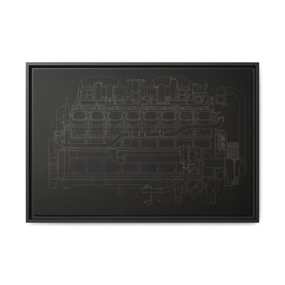Engine Side View Schematic Drawing Framed Wall Art on Matte Canvas