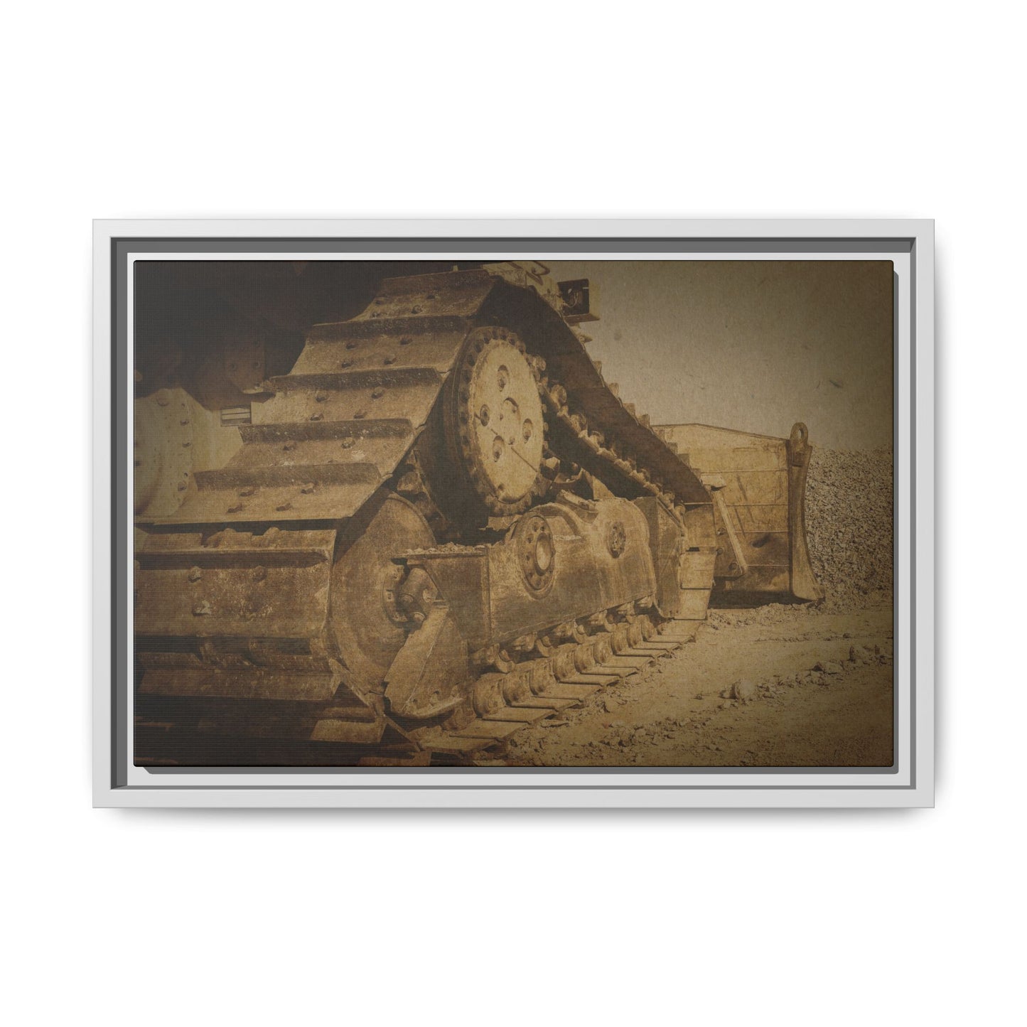Dozer Tracks Pushing Stone | Framed Wall Art on Stretched Canvas