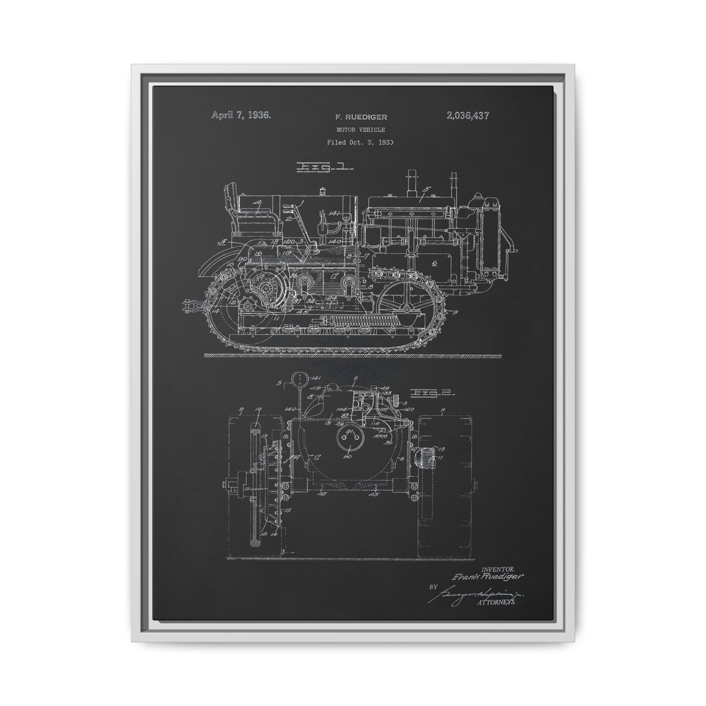 Vintage Dozer Rudiger Patent Drawing, Framed Wall Art on Canvas