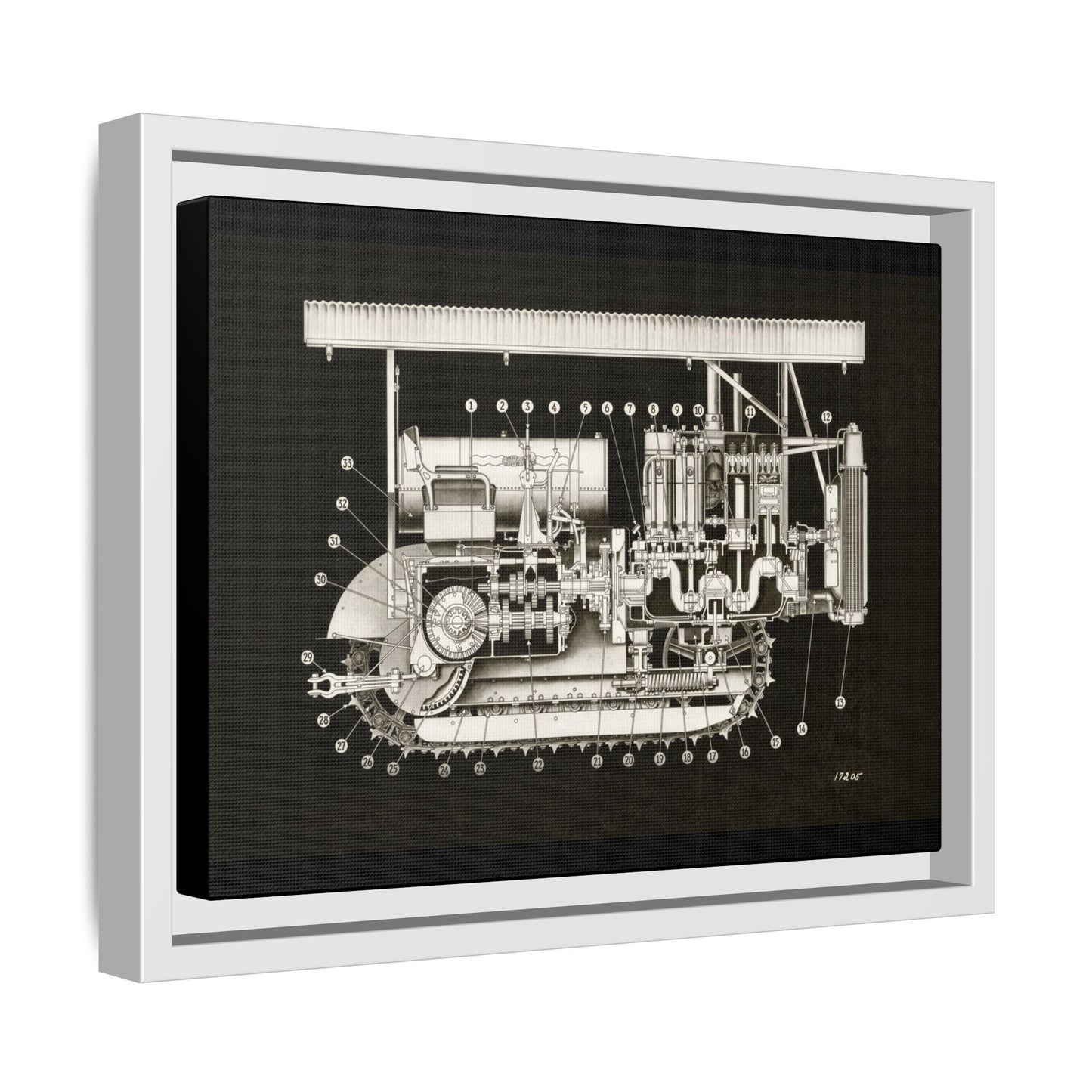 Vintage Engine Crawler Cutaway Engineering Drawing on Matte Canvas Framed | Industrial Wall Art
