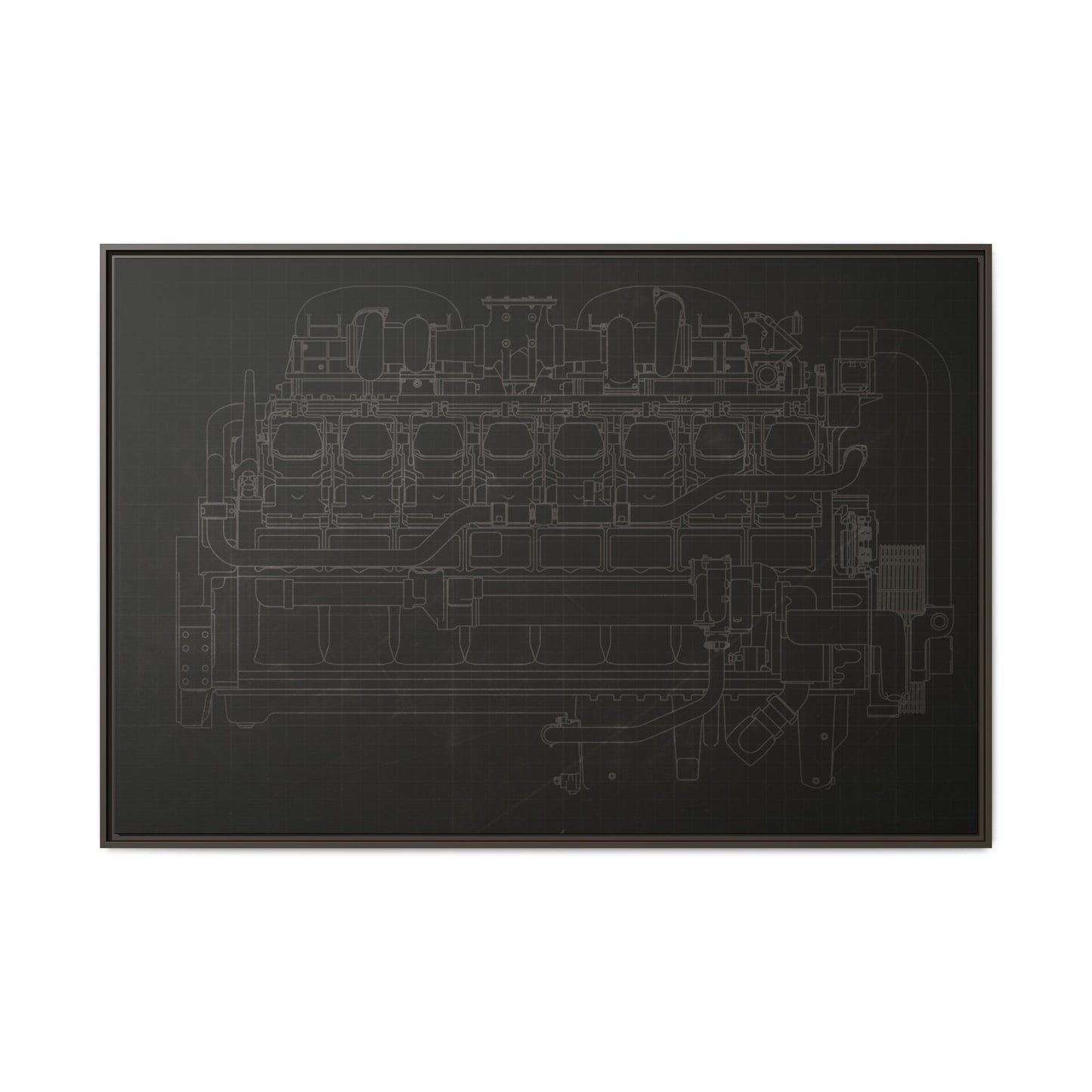 Engine Side View Schematic Drawing Framed Wall Art on Matte Canvas