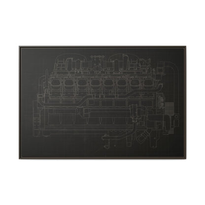 Engine Side View Schematic Drawing Framed Wall Art on Matte Canvas