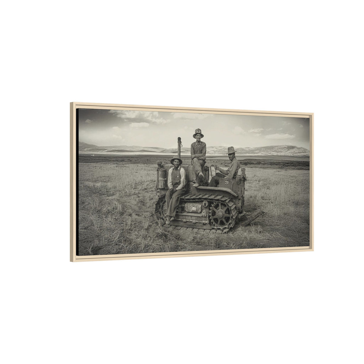 Three Men and a Tractor | Vintage Crawler in Field | Framed Wall Art on Canvas