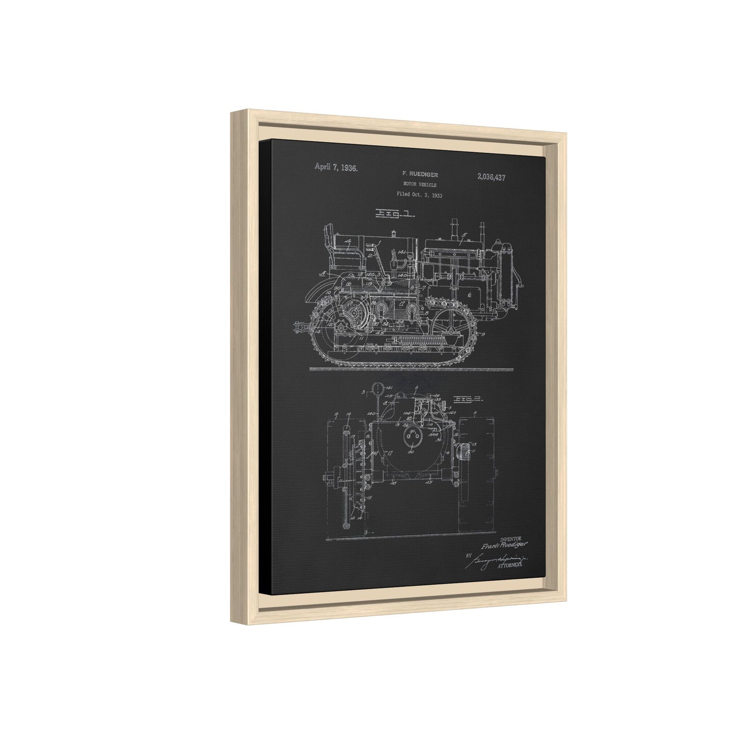 Vintage Dozer Rudiger Patent Drawing, Framed Wall Art on Canvas