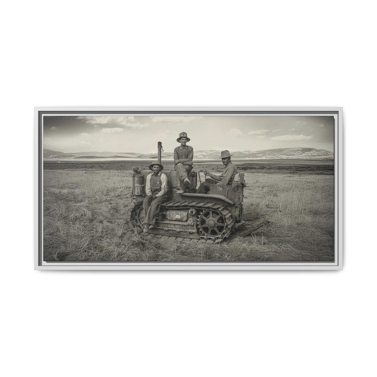 Three Men and a Tractor | Vintage Crawler in Field | Framed Wall Art on Canvas