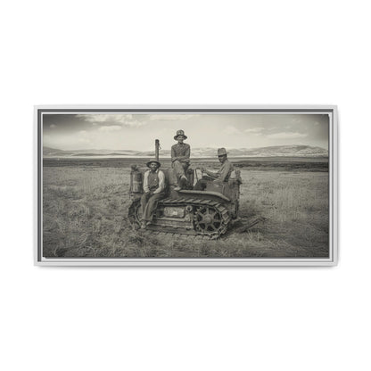 Three Men and a Tractor | Vintage Crawler in Field | Framed Wall Art on Canvas