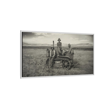 Three Men and a Tractor | Vintage Crawler in Field | Framed Wall Art on Canvas