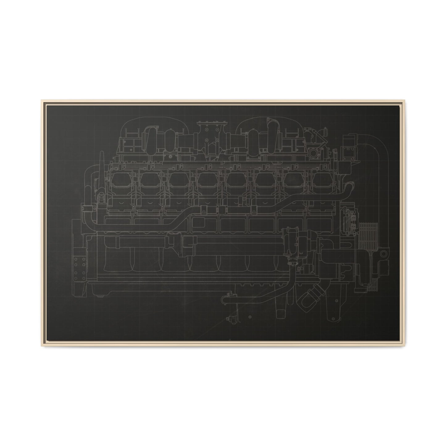Engine Side View Schematic Drawing Framed Wall Art on Matte Canvas