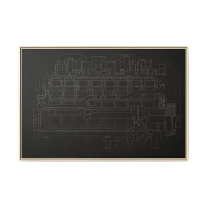 Engine Side View Schematic Drawing Framed Wall Art on Matte Canvas