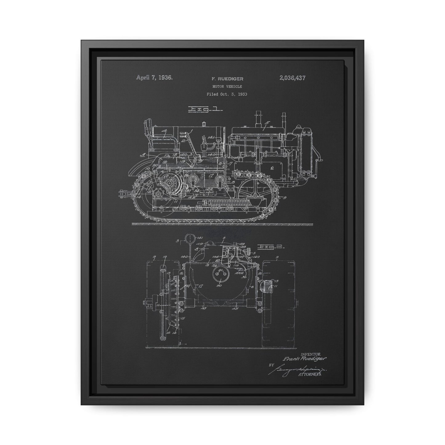Vintage Dozer Rudiger Patent Drawing, Framed Wall Art on Canvas
