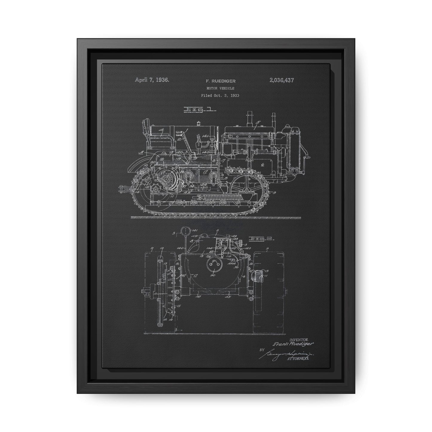 Vintage Dozer Rudiger Patent Drawing, Framed Wall Art on Canvas