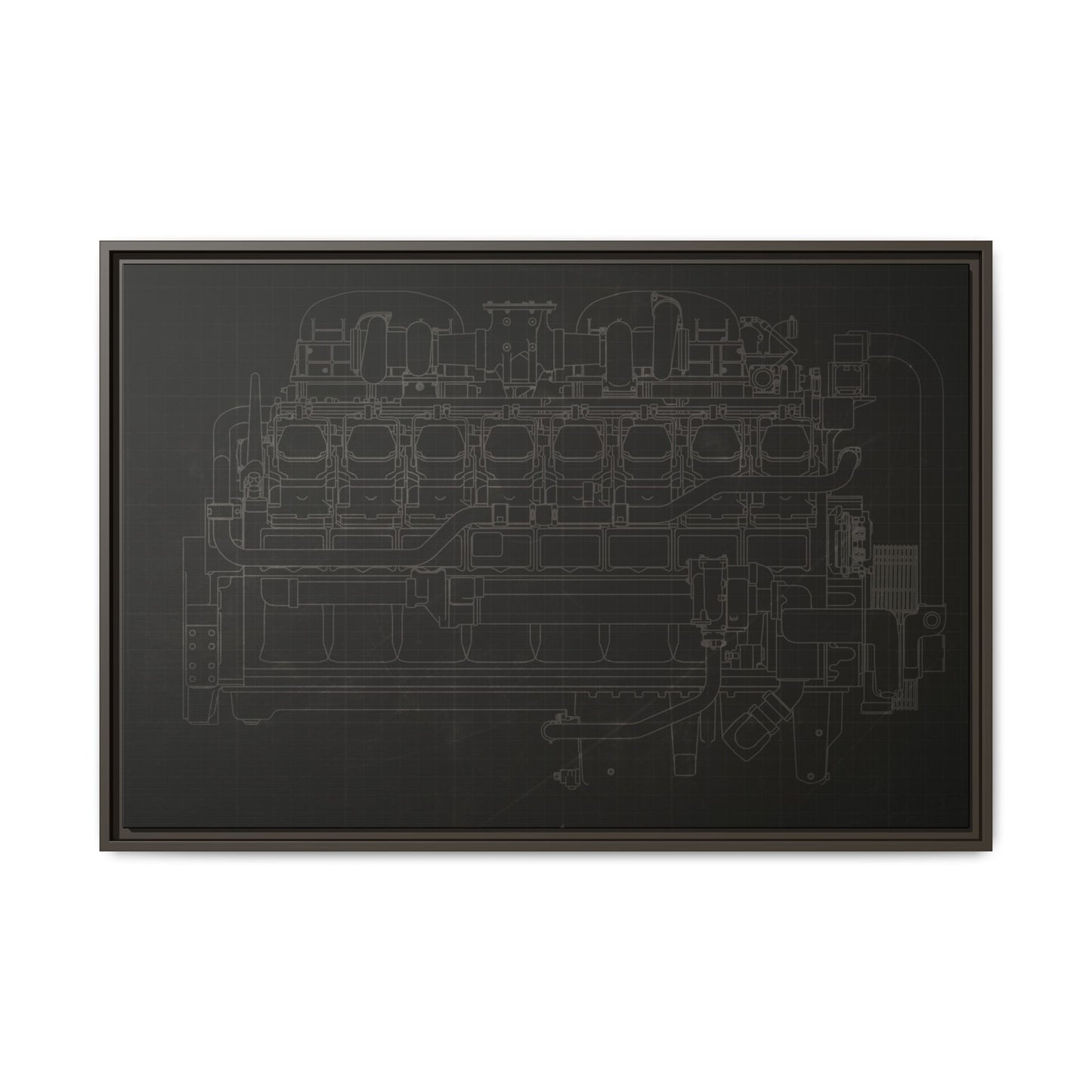 Engine Side View Schematic Drawing Framed Wall Art on Matte Canvas