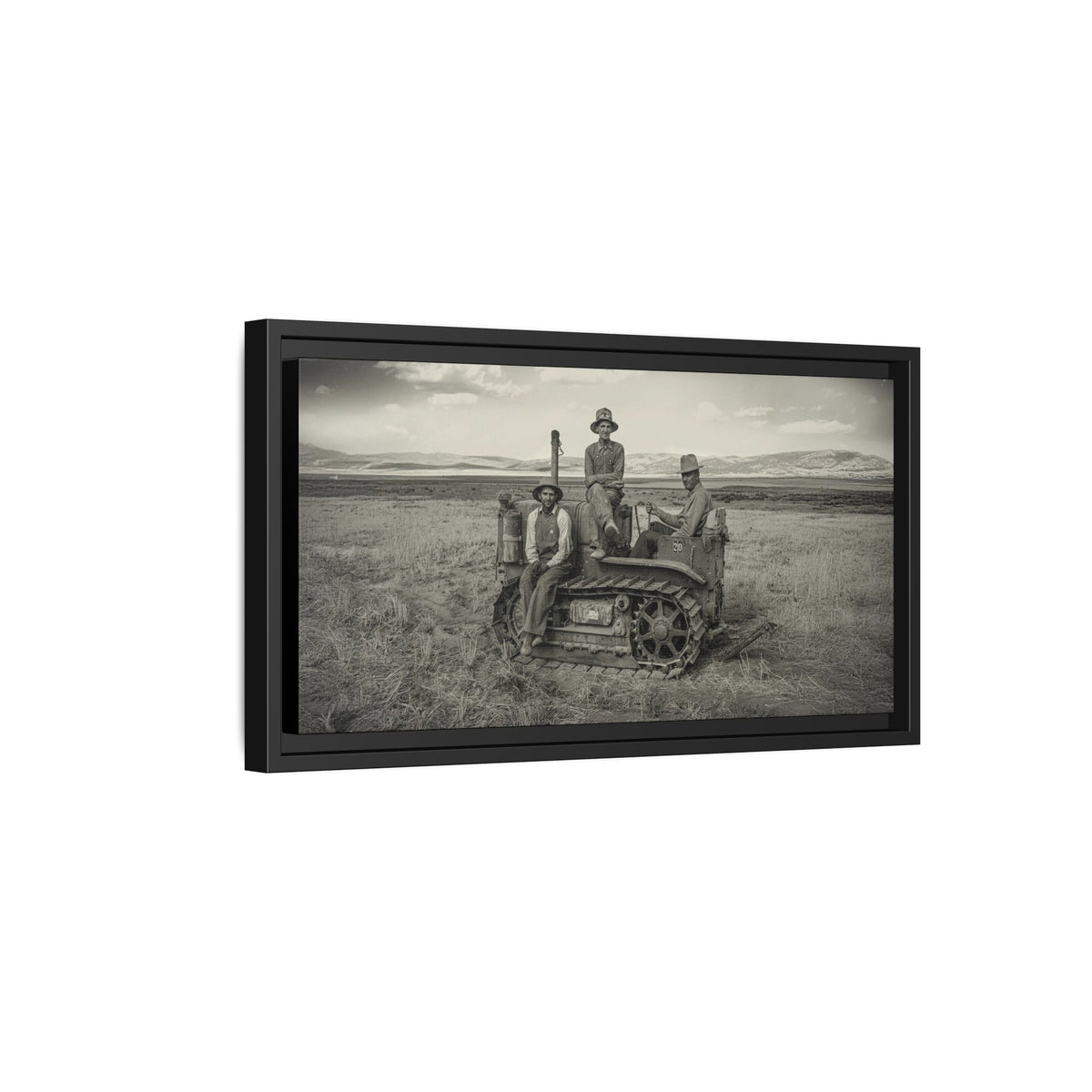Three Men and a Tractor | Vintage Crawler in Field | Framed Wall Art on Canvas
