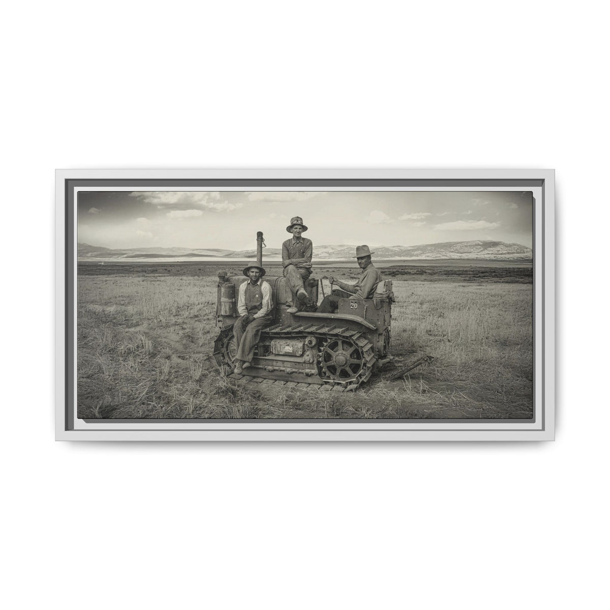 Three Men and a Tractor | Vintage Crawler in Field | Framed Wall Art on Canvas