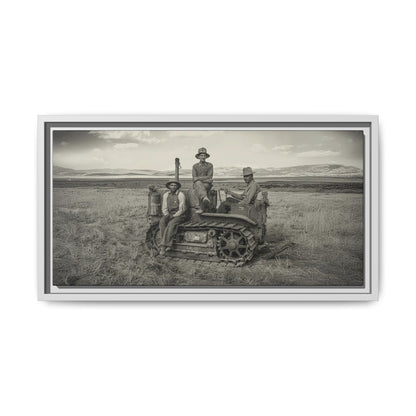 Three Men and a Tractor | Vintage Crawler in Field | Framed Wall Art on Canvas