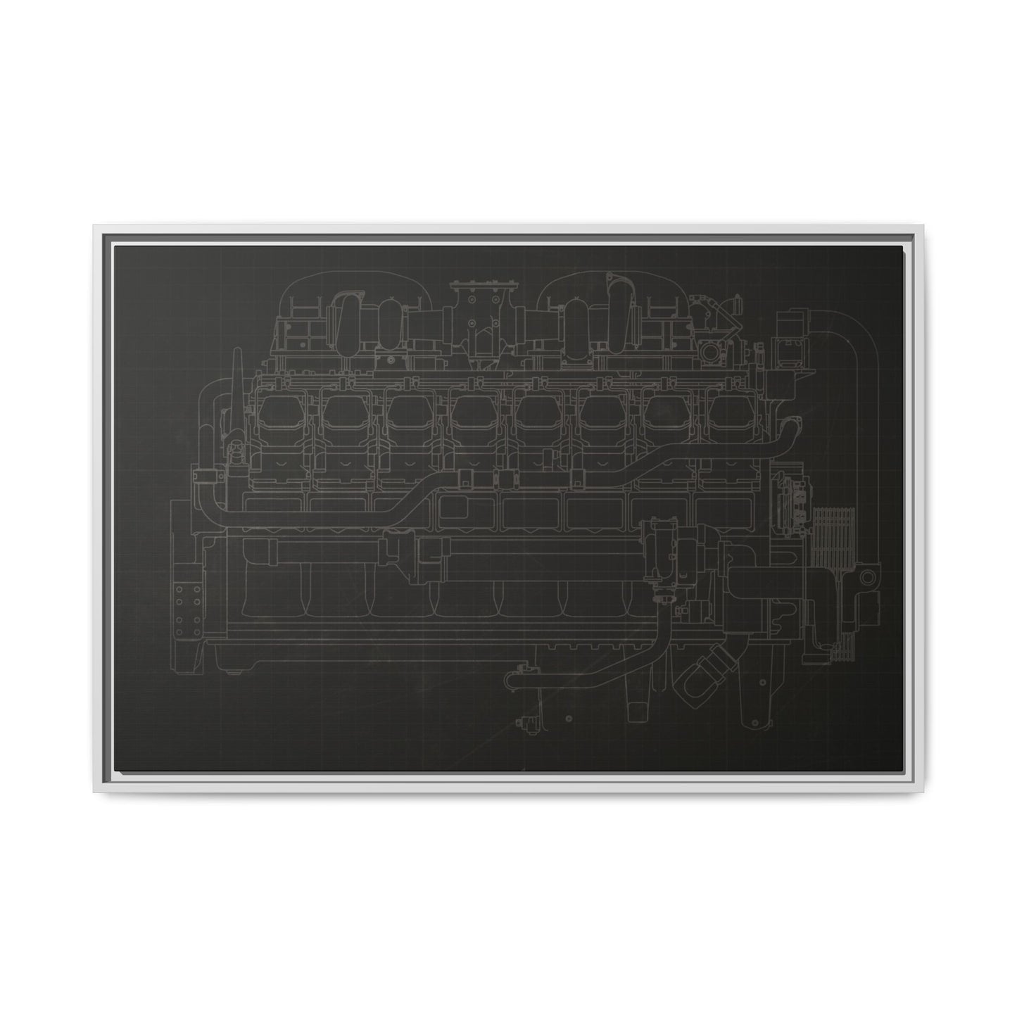Engine Side View Schematic Drawing Framed Wall Art on Matte Canvas