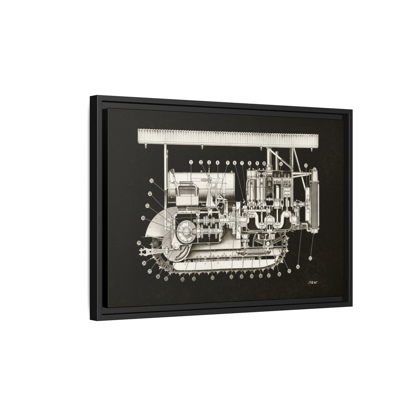 Vintage Engine Crawler Cutaway Engineering Drawing on Matte Canvas Framed | Industrial Wall Art
