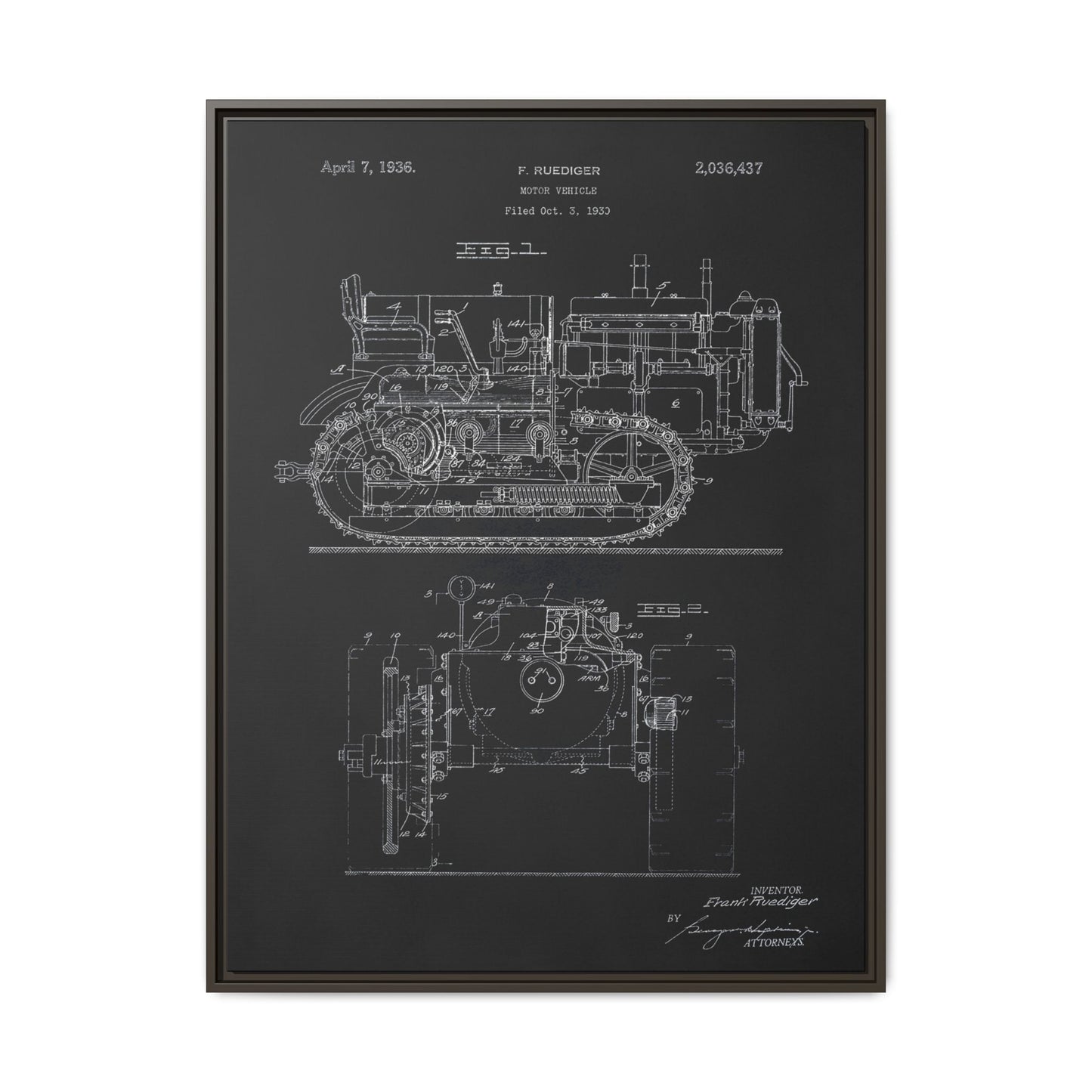 Vintage Dozer Rudiger Patent Drawing, Framed Wall Art on Canvas
