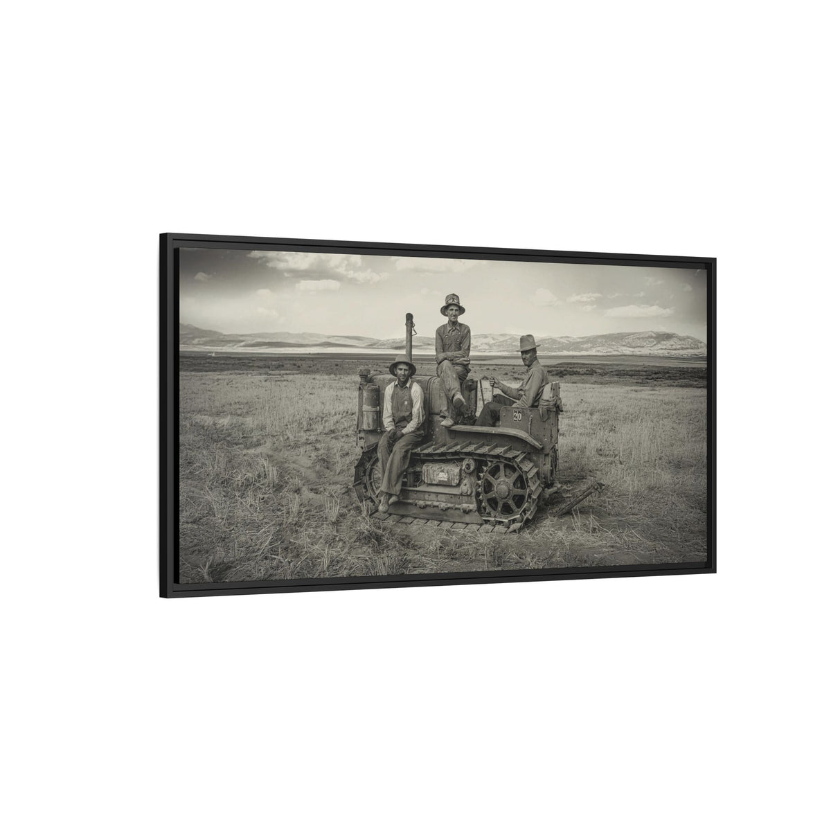 Three Men and a Tractor | Vintage Crawler in Field | Framed Wall Art on Canvas