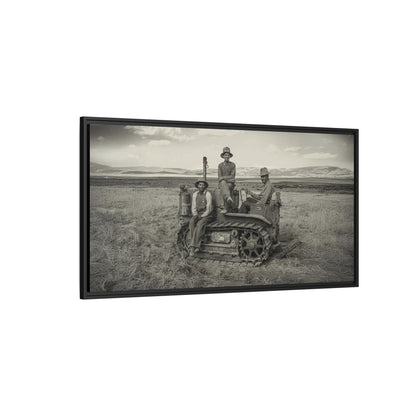 Three Men and a Tractor | Vintage Crawler in Field | Framed Wall Art on Canvas