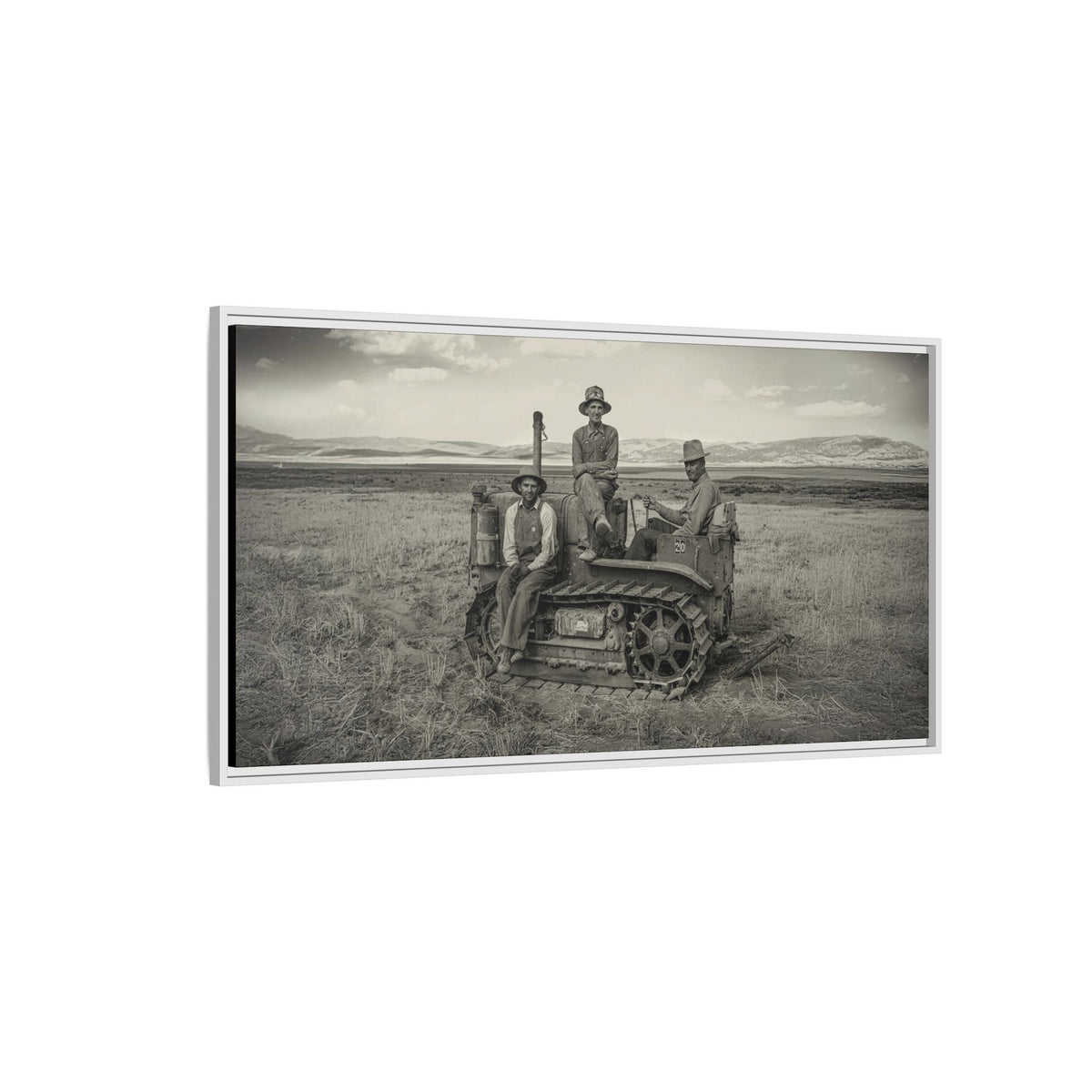 Three Men and a Tractor | Vintage Crawler in Field | Framed Wall Art on Canvas