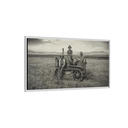 Three Men and a Tractor | Vintage Crawler in Field | Framed Wall Art on Canvas