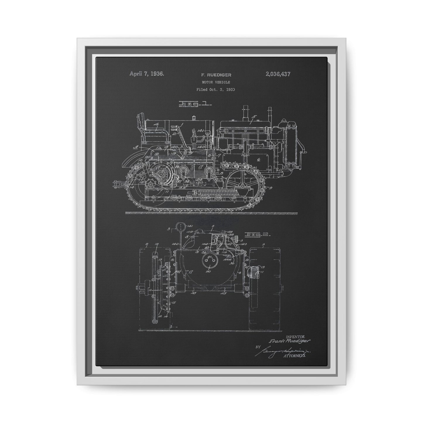 Vintage Dozer Rudiger Patent Drawing, Framed Wall Art on Canvas