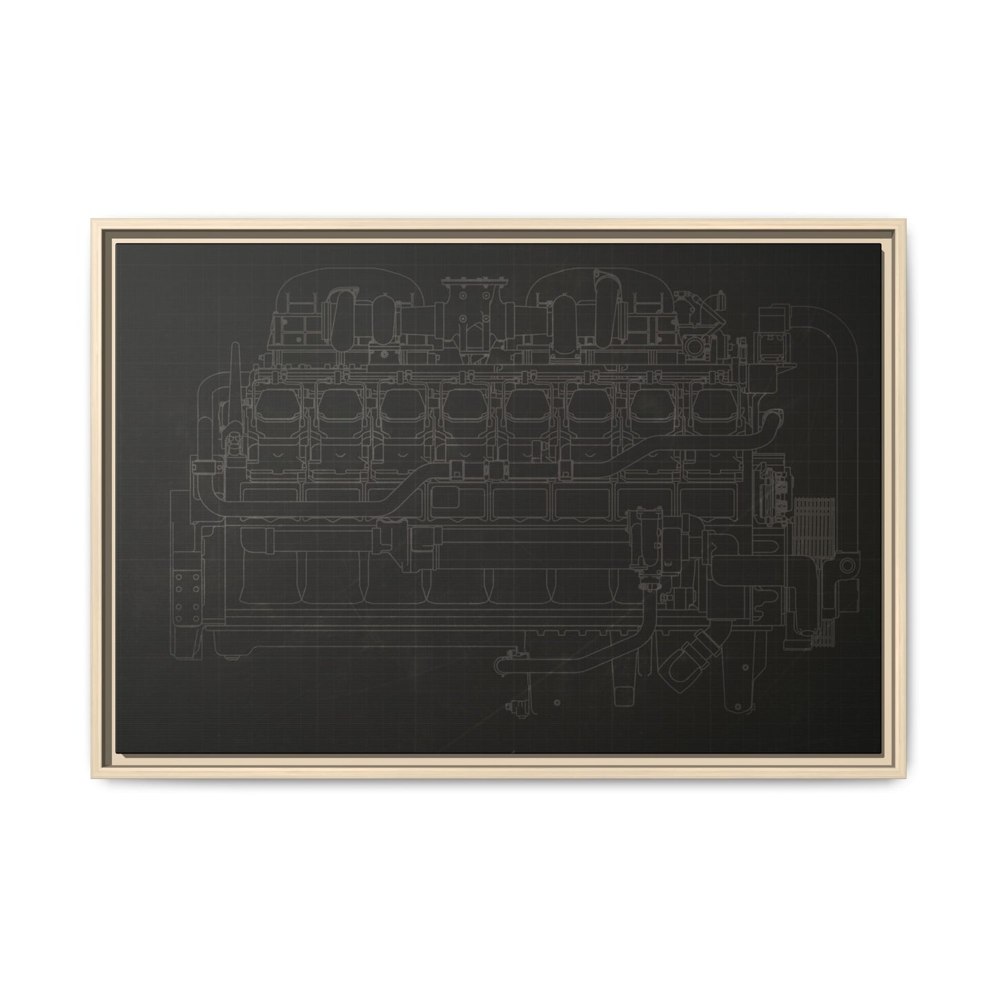 Engine Side View Schematic Drawing Framed Wall Art on Matte Canvas