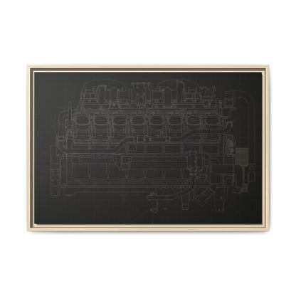 Engine Side View Schematic Drawing Framed Wall Art on Matte Canvas